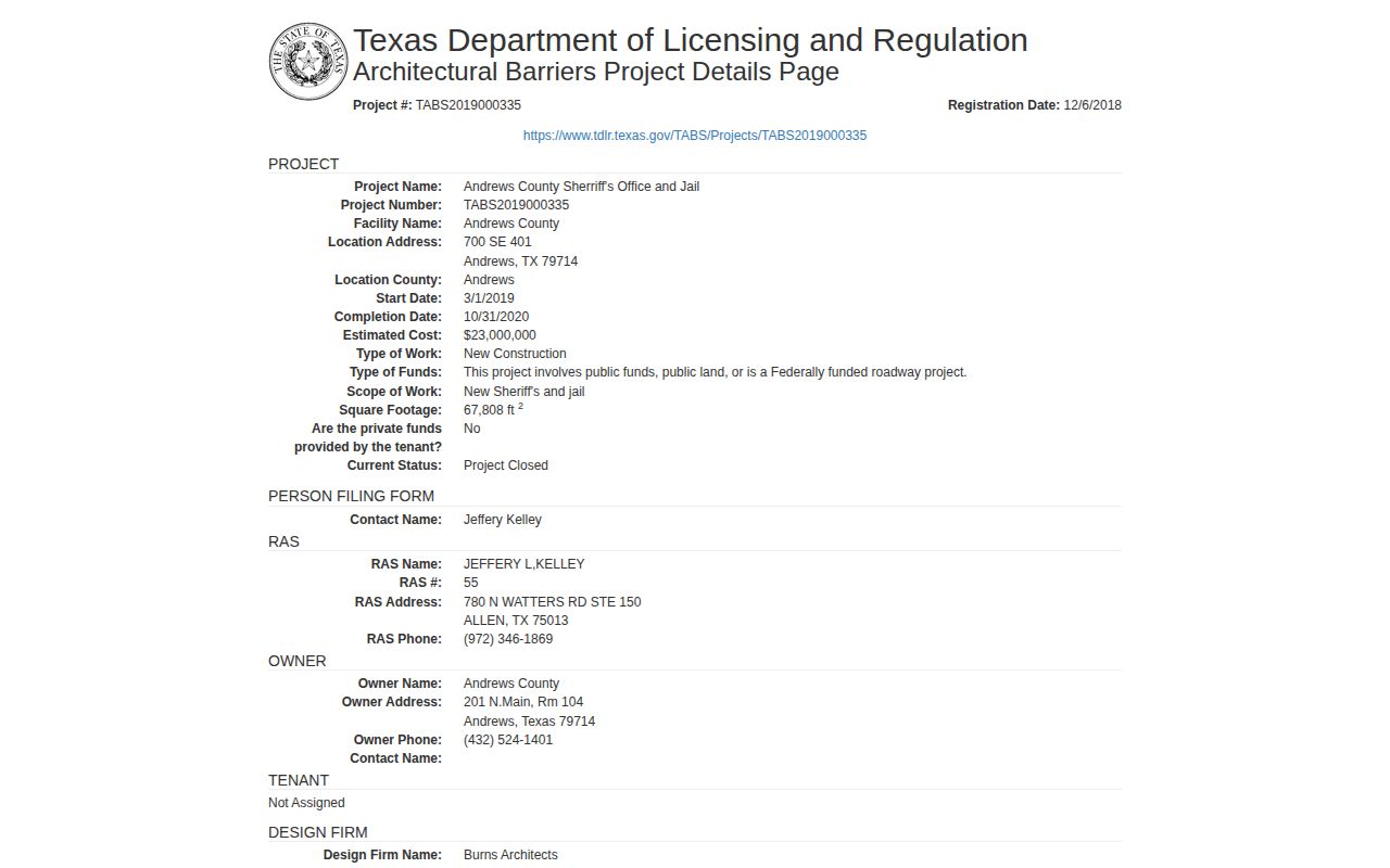 Andrews County jail campus and released inmate facility record