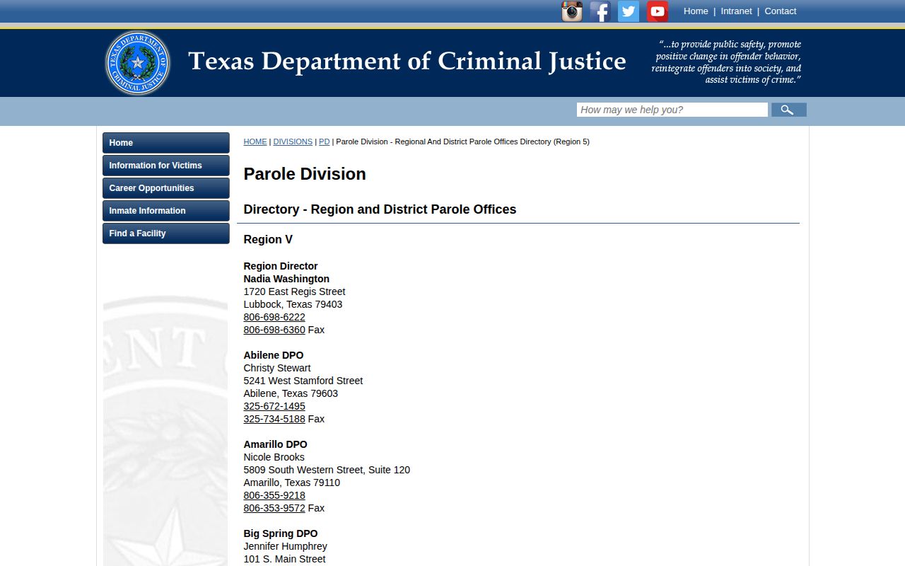 Monahans District Parole Office contact for Andrews County records