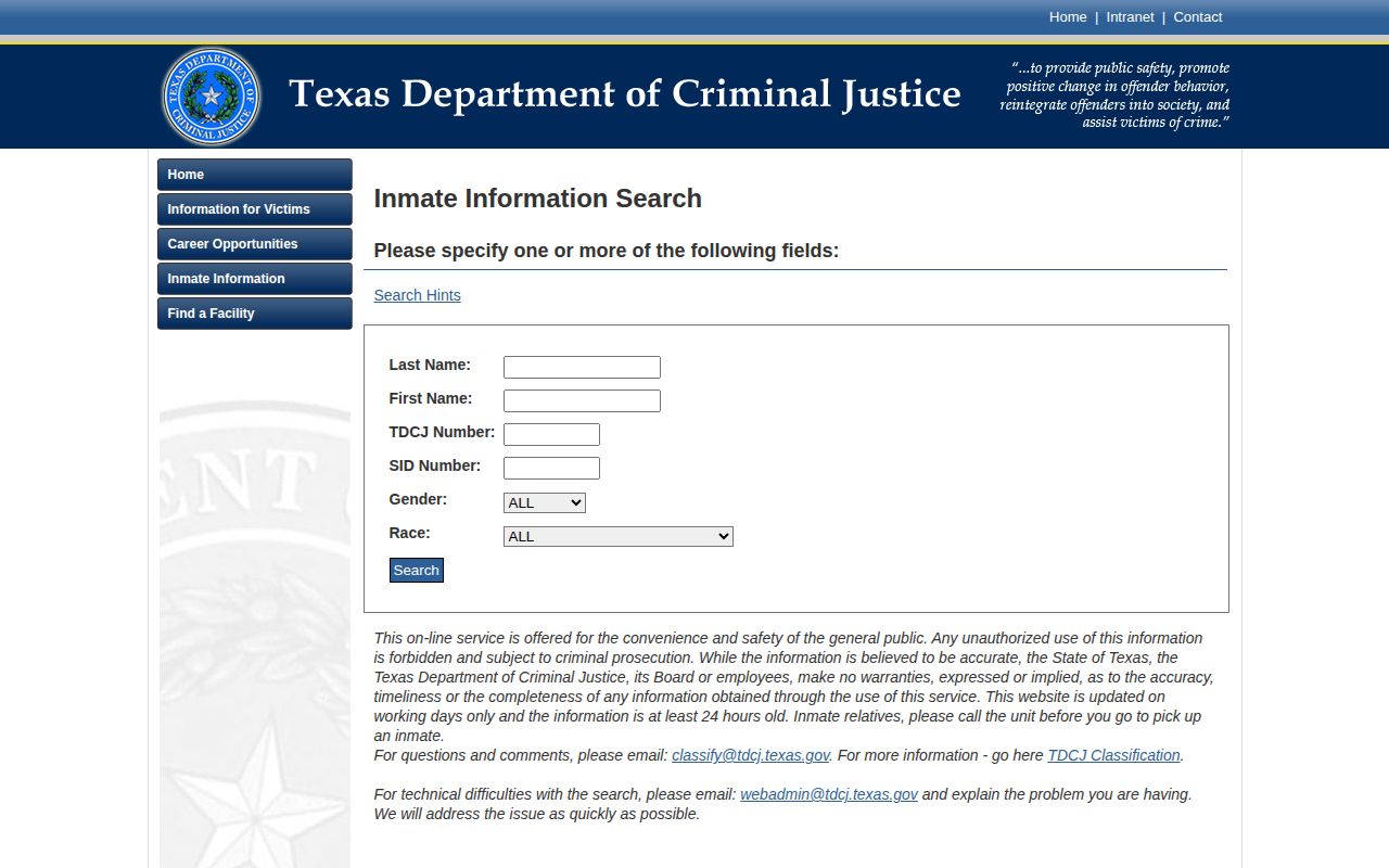 TDCJ offender search fields for Andrews County released inmates