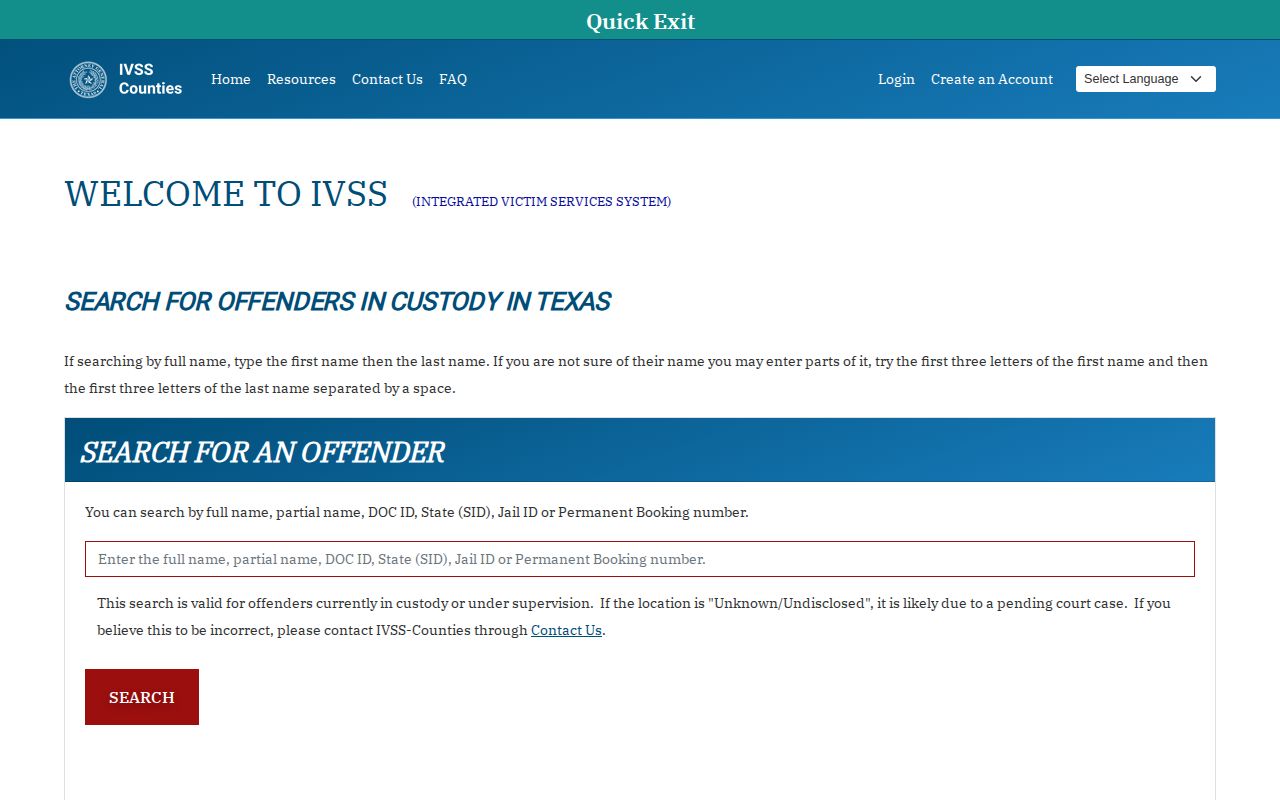 Texas IVSS Andrews County inmate release notification search